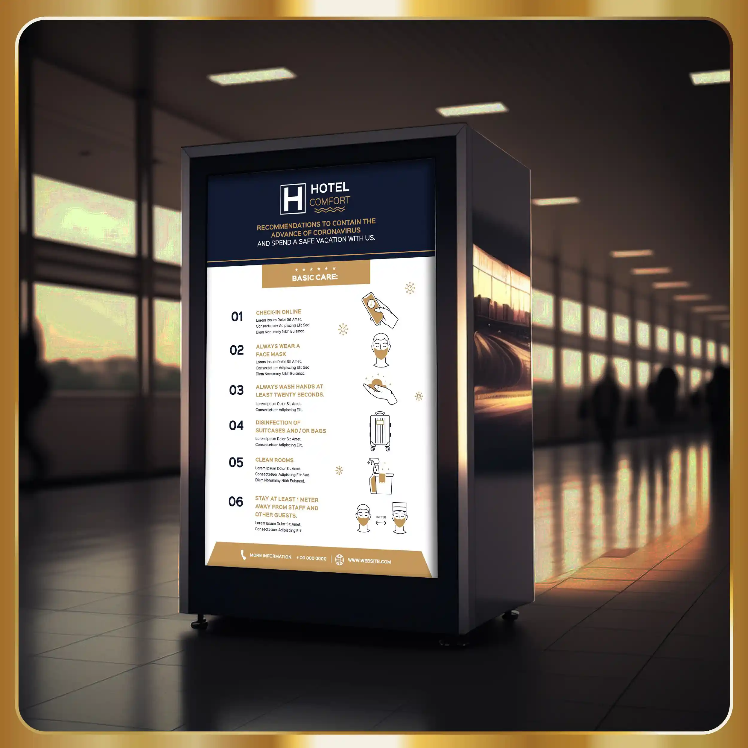 An airport kiosk with information on it.